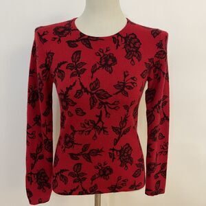 Charter Club Sweater Small Red Black 100% 2 Ply Cashmere Roses Floral Flowers